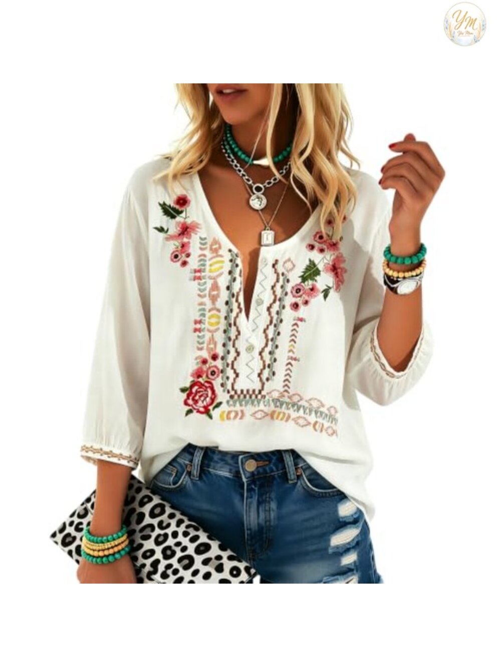 Embroidered Peasant Tunic Blouse V-Neck 3/4 Sleeve Bohemian Hippie Fiesta Plus